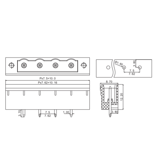 7.62mm 플러그인 PCB 터미널 오른쪽 앵글 핀베이스